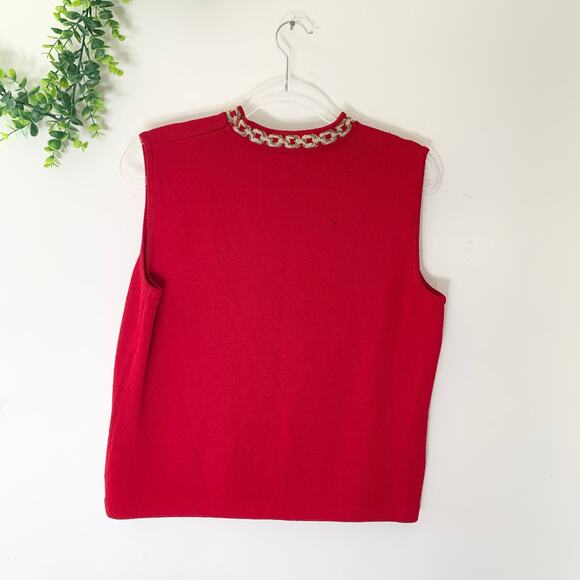 Vintage St. John Red Knit Sleeveless Sweater Tank Gold Chain Neck Medium - Picture 3 of 6